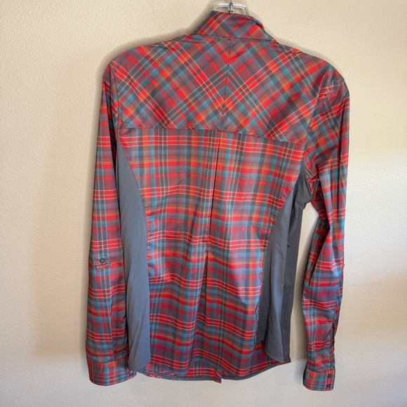 REI Top Womens Large Plaid Long Sleeve Snap Red Gray Hiking Rendezvous Vented - Picture 7 of 9